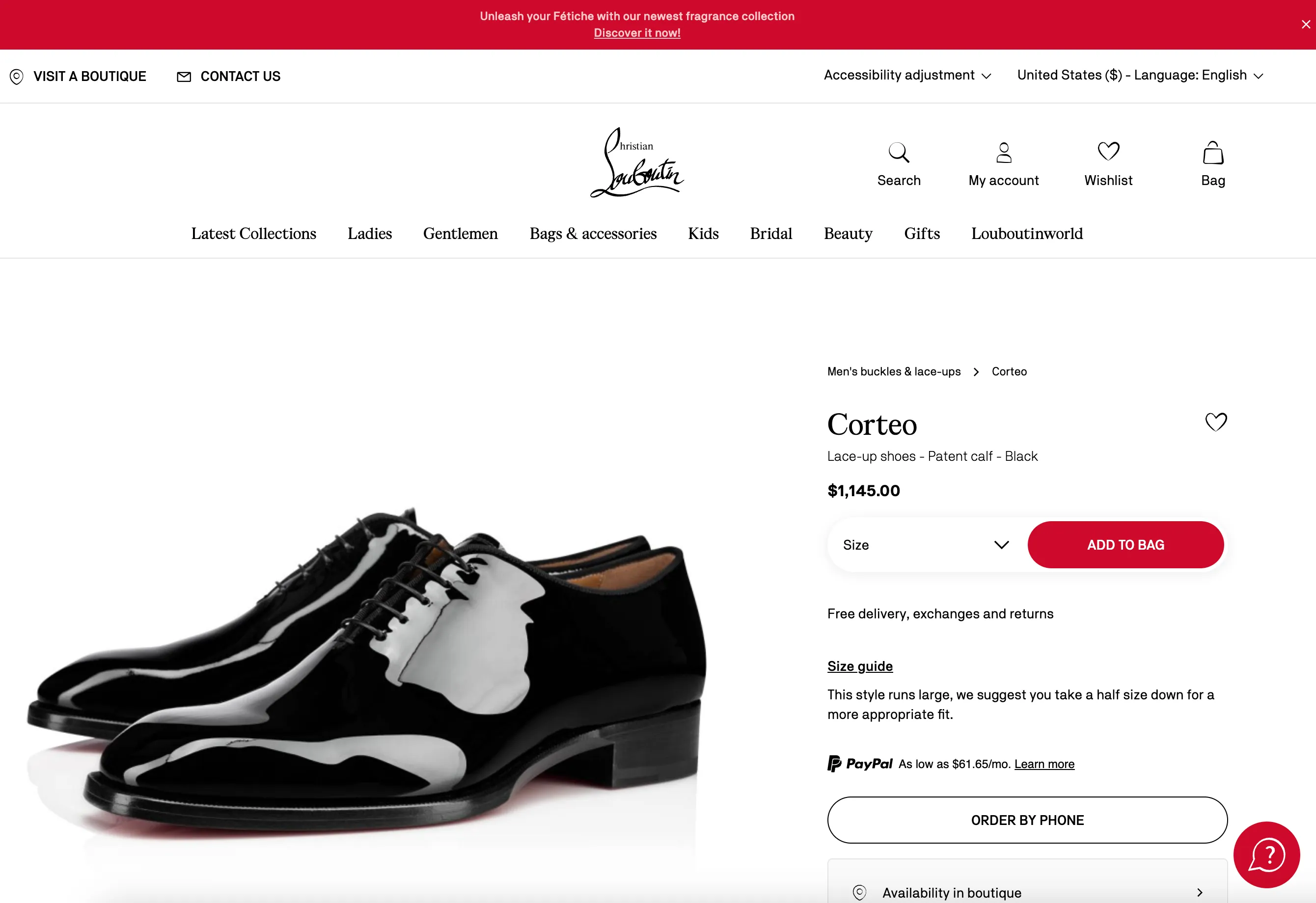 $1,145 CHRISTIAN LOUBOUTIN - *CORTEO* Black Patent Leather Oxfords - 11.5 US (44.5EU) (Copy)