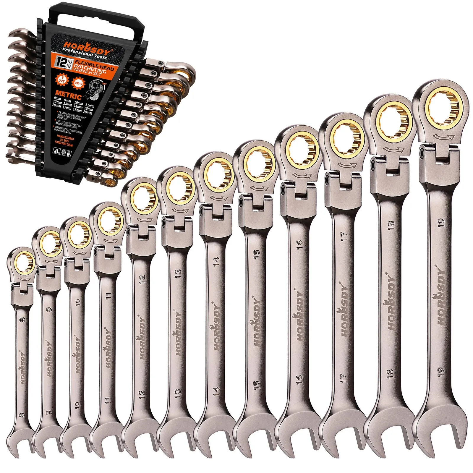 12 Piece Metric Flexible Ratchet Wrench Set