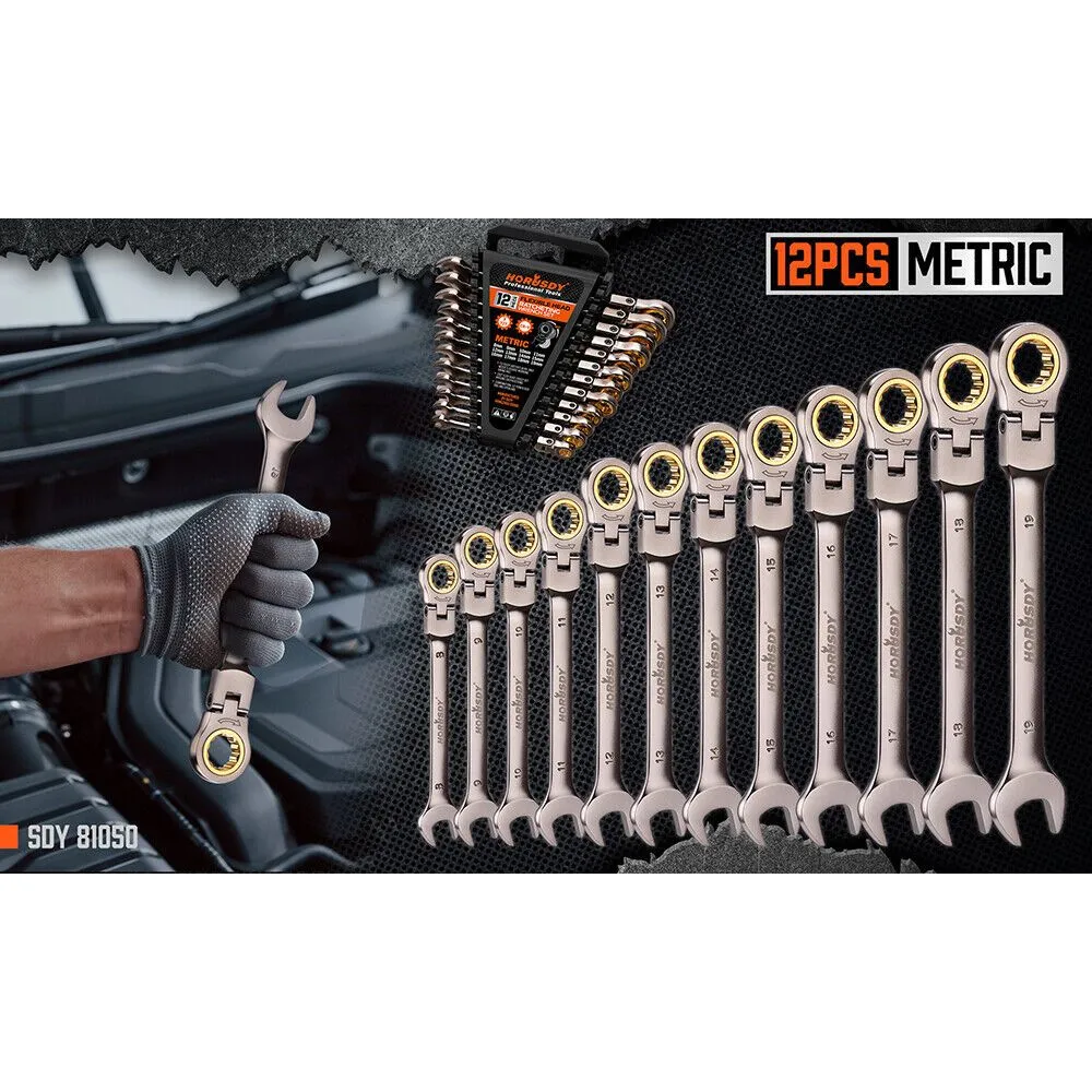 12 Piece Metric Flexible Ratchet Wrench Set
