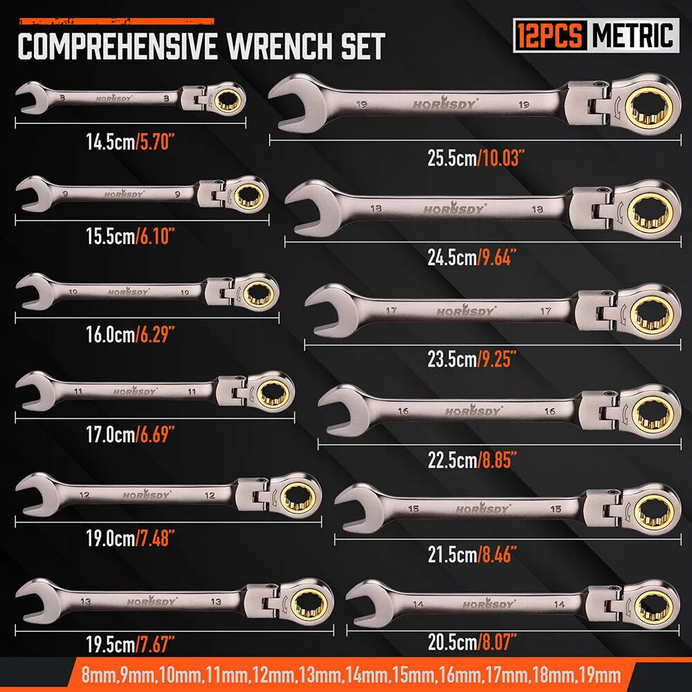 12 Piece Metric Flexible Ratchet Wrench Set
