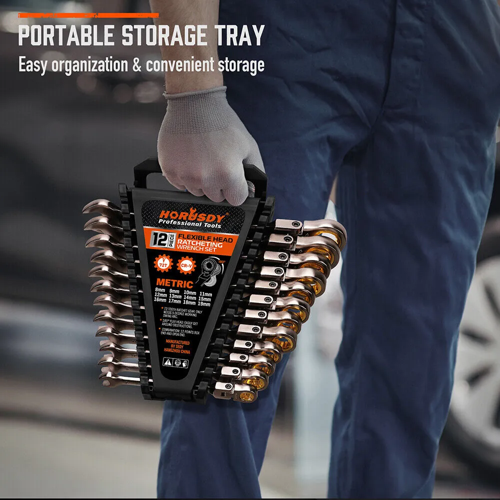 12 Piece Metric Flexible Ratchet Wrench Set