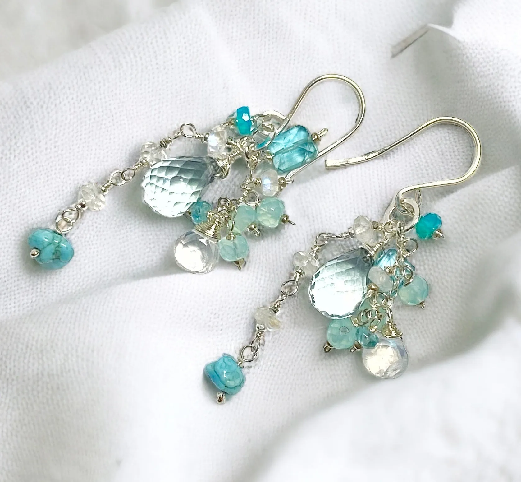 Aqua Quartz, Moonstone, Apatite and Sterling Silver Dangle Earrings