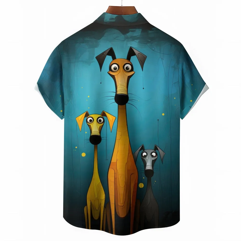 Art Painting Dog Large Size Cotton and Linen Short Sleeve Shirt 2406001517