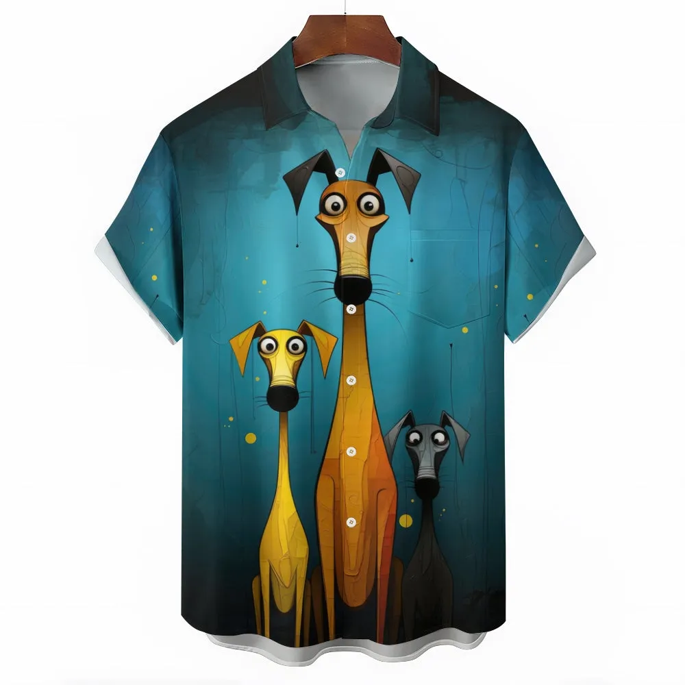 Art Painting Dog Large Size Cotton and Linen Short Sleeve Shirt 2406001517