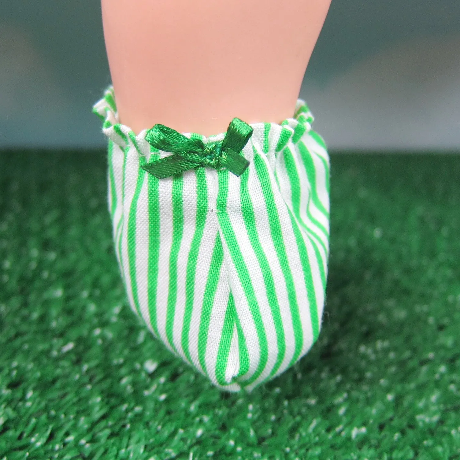 Baby Doll Booties - Green & White Stripes with Green Bow