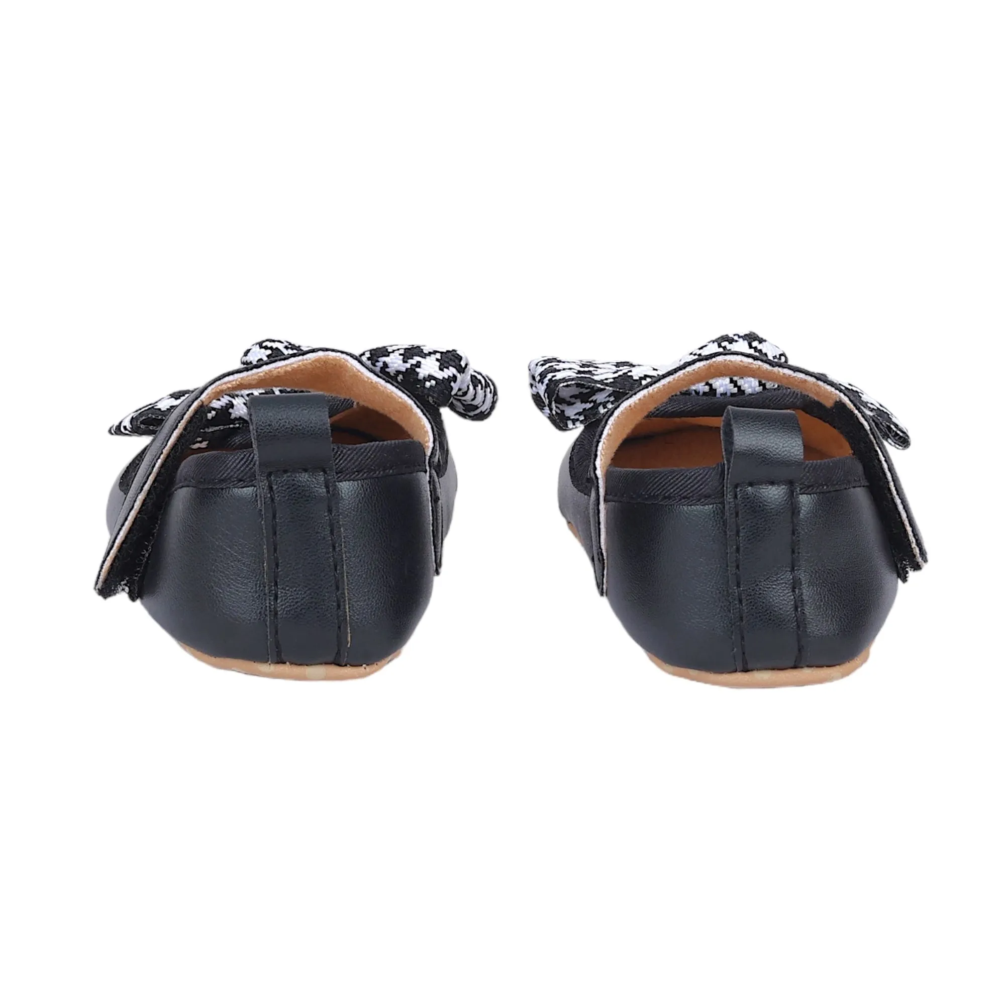 Baby Moo Houndstooth Bow Knot Velcro Strap Anti-Skid Ballerina Booties - Black