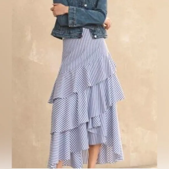 Banana Republic Striped Poplin High Low Ruffle Tiered Skirt Summer SZ 8 NWOT