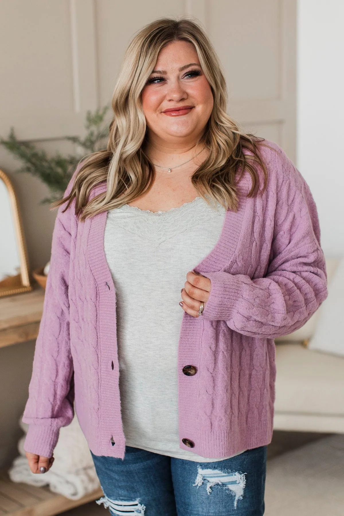 Beyond Cozy Knit Button Cardigan- Lavender