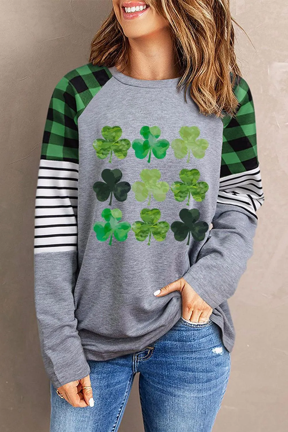 Buffalo Plaid & Stripe Splicing Long Sleeve Top