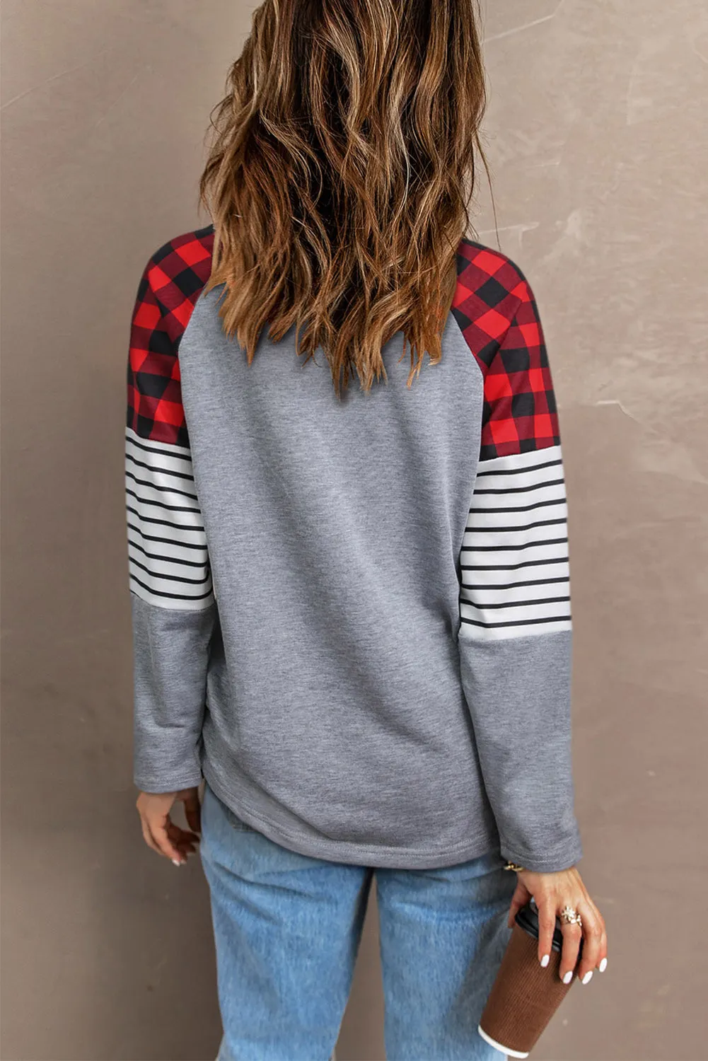 Buffalo Plaid & Stripe Splicing Long Sleeve Top