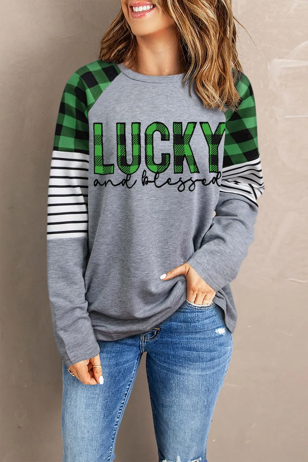 Buffalo Plaid & Stripe Splicing Long Sleeve Top