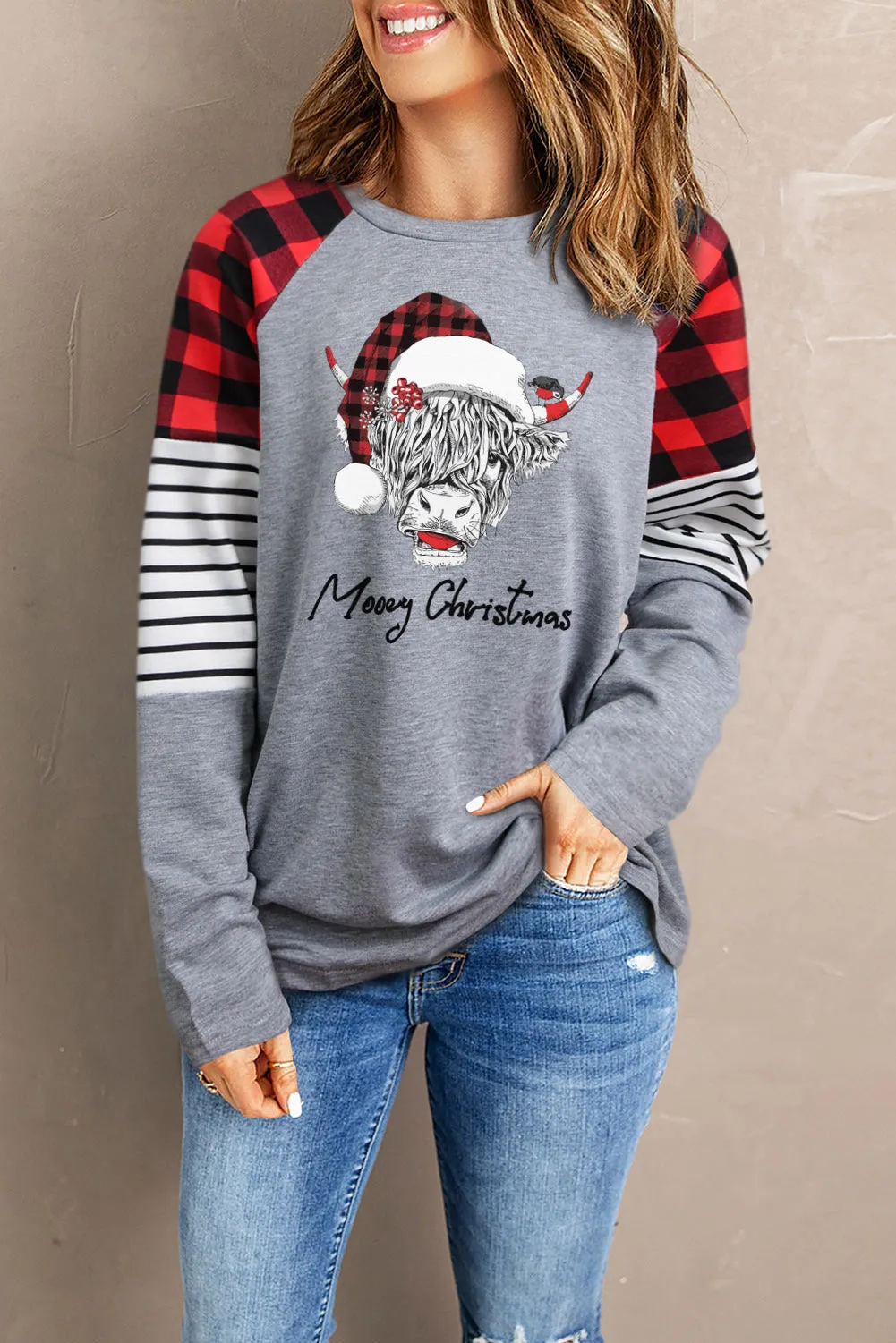 Buffalo Plaid & Stripe Splicing Long Sleeve Top