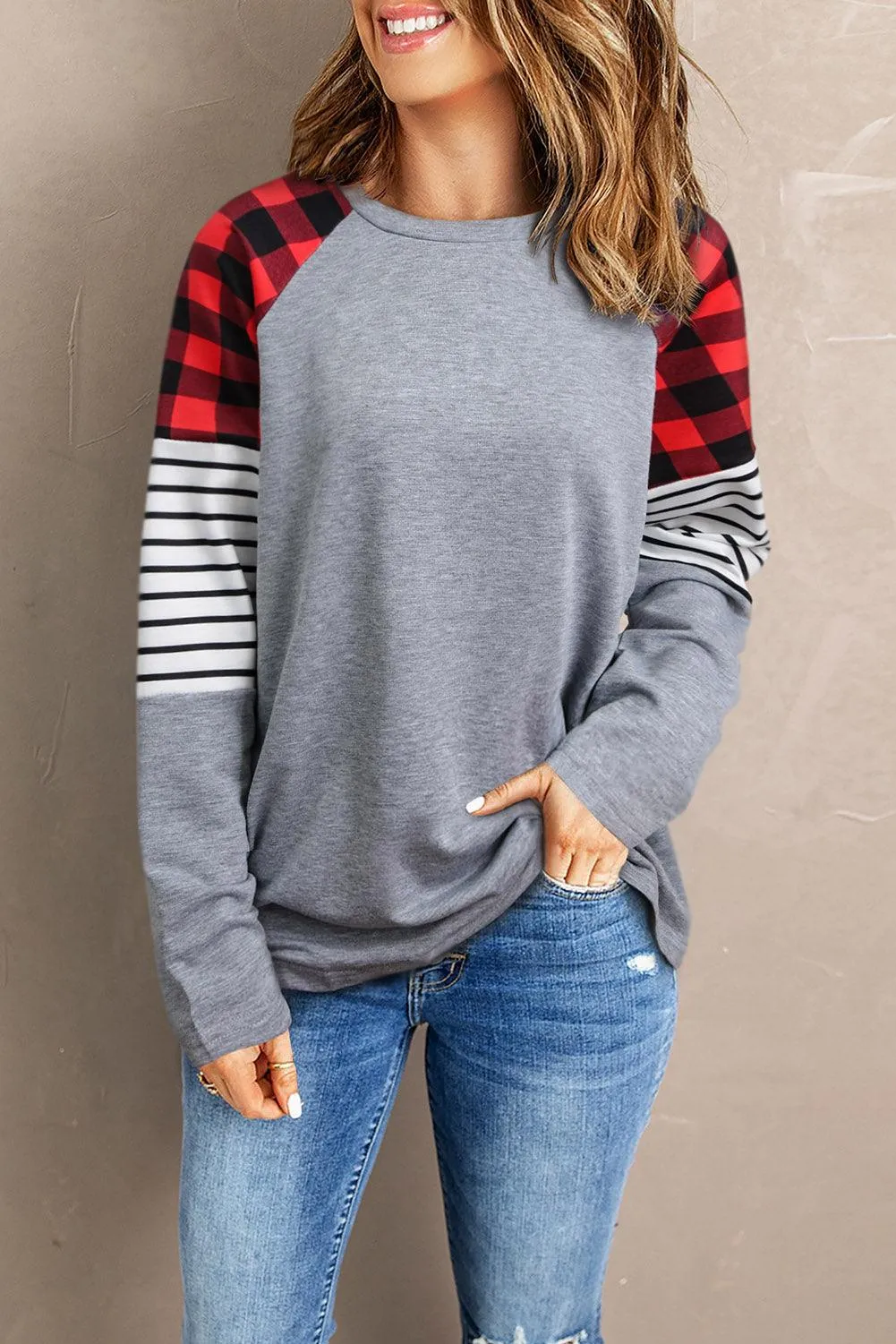 Buffalo Plaid & Stripe Splicing Long Sleeve Top