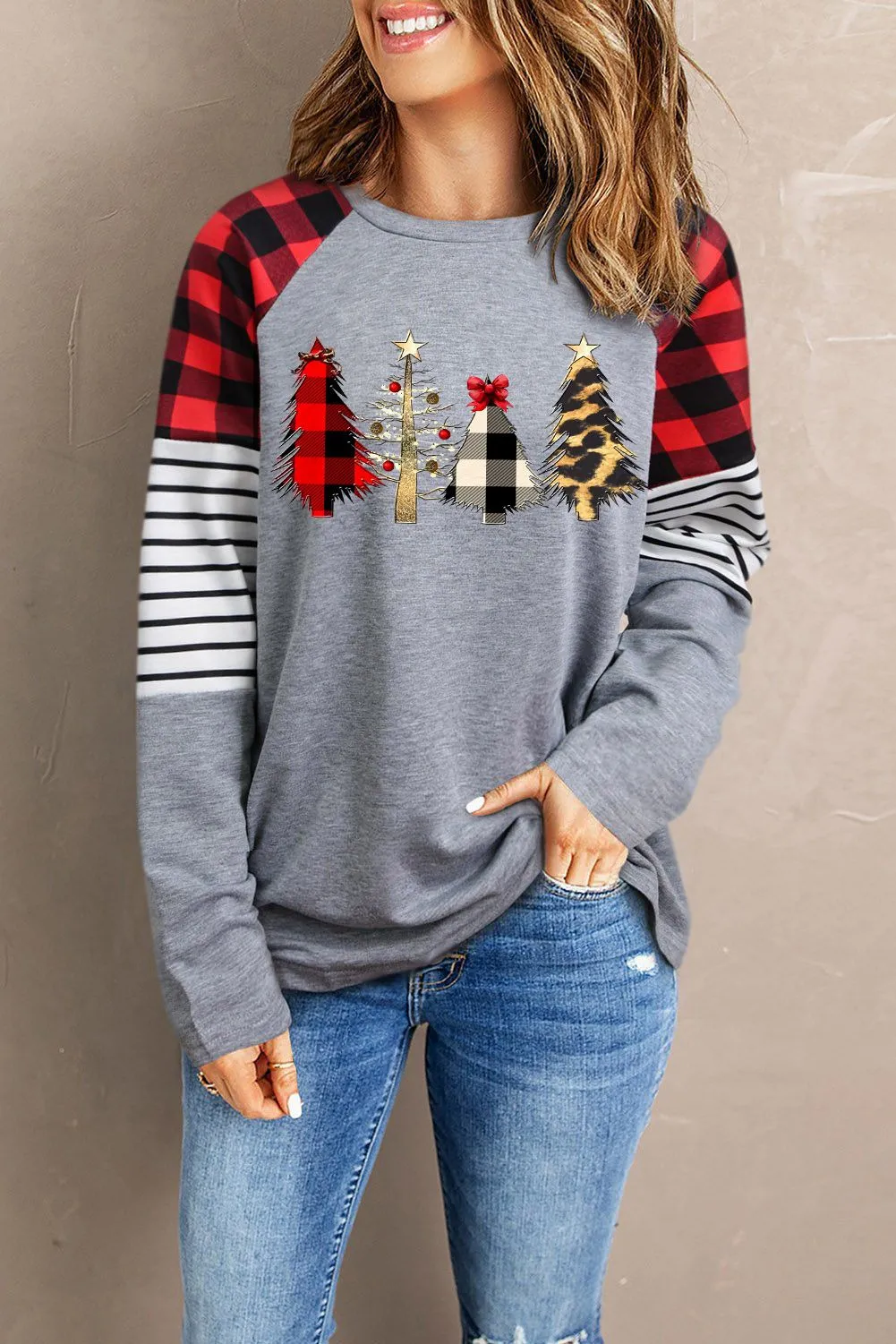 Buffalo Plaid & Stripe Splicing Long Sleeve Top