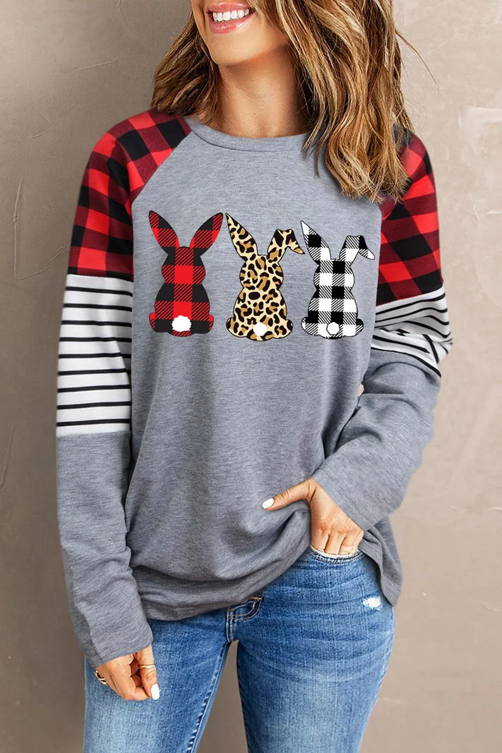 Buffalo Plaid & Stripe Splicing Long Sleeve Top