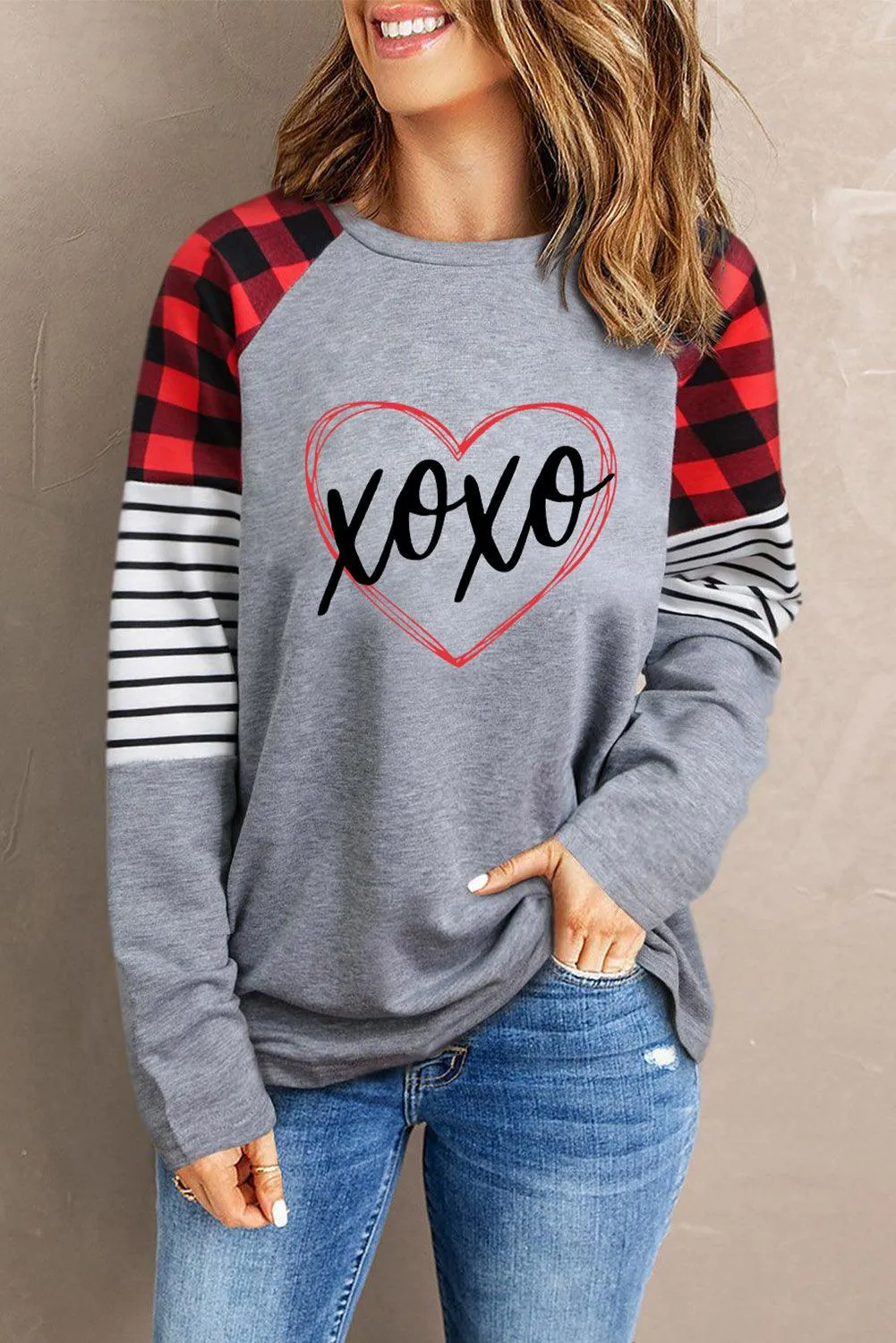 Buffalo Plaid & Stripe Splicing Long Sleeve Top