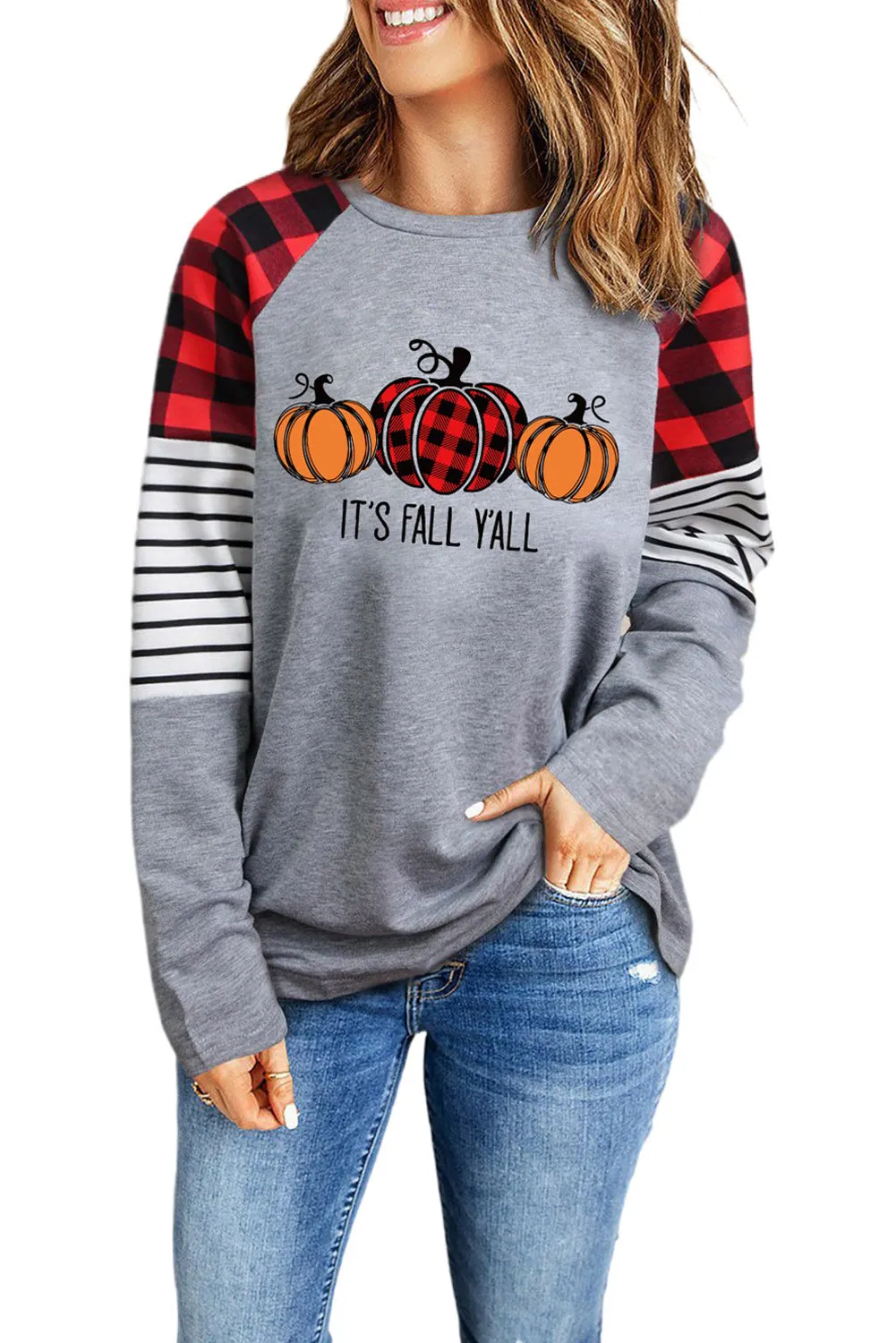 Buffalo Plaid & Stripe Splicing Long Sleeve Top
