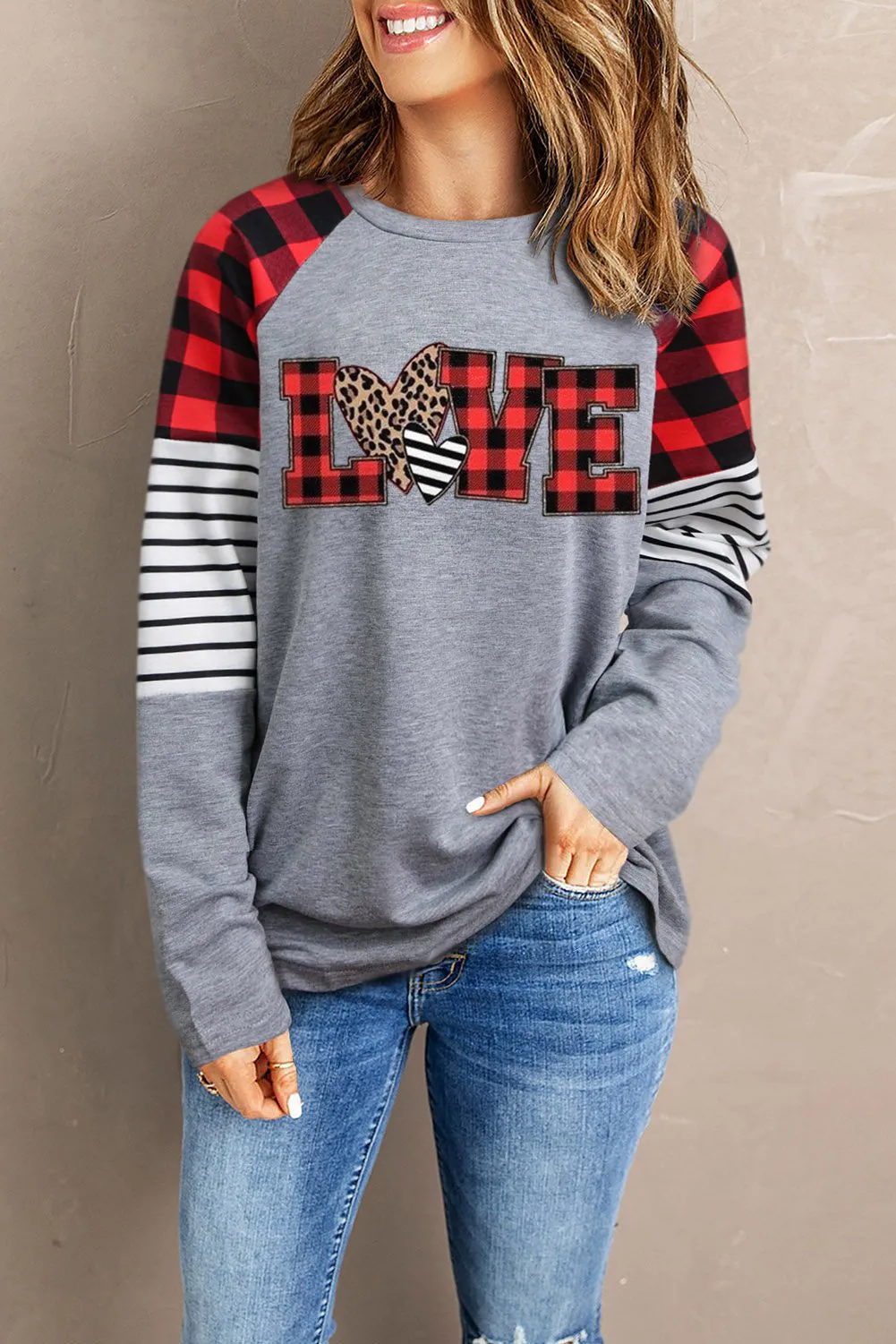 Buffalo Plaid & Stripe Splicing Long Sleeve Top