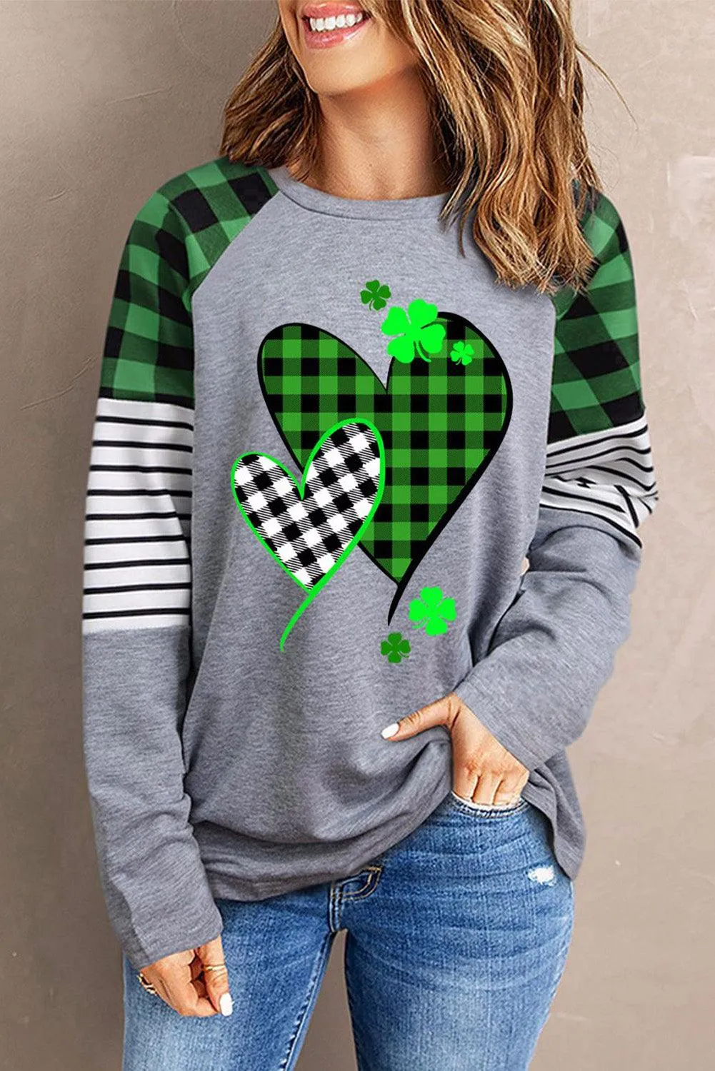 Buffalo Plaid & Stripe Splicing Long Sleeve Top