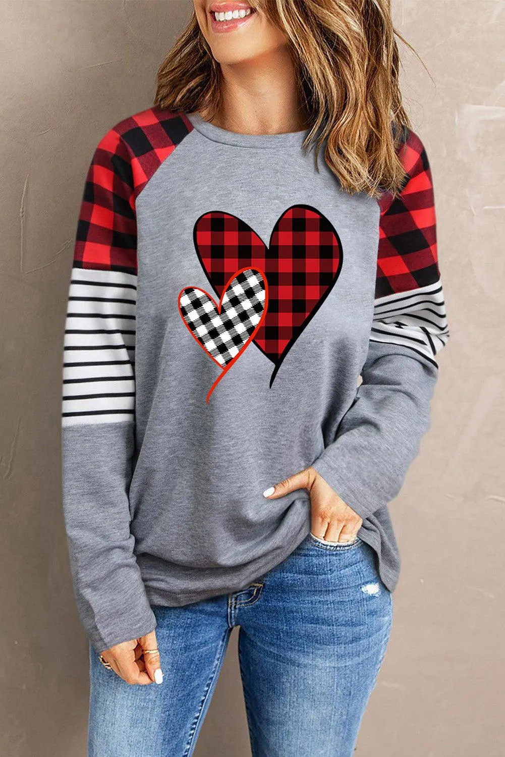Buffalo Plaid & Stripe Splicing Long Sleeve Top