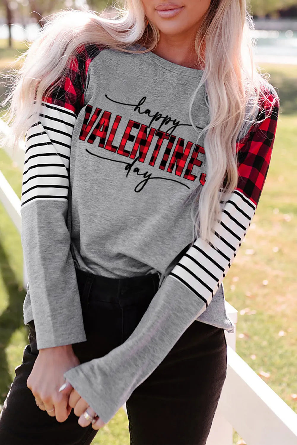 Buffalo Plaid & Stripe Splicing Long Sleeve Top