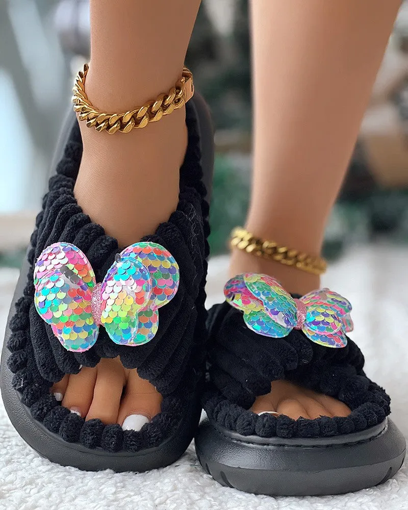 Butterfly Pattern Cross Strap Winter Slippers