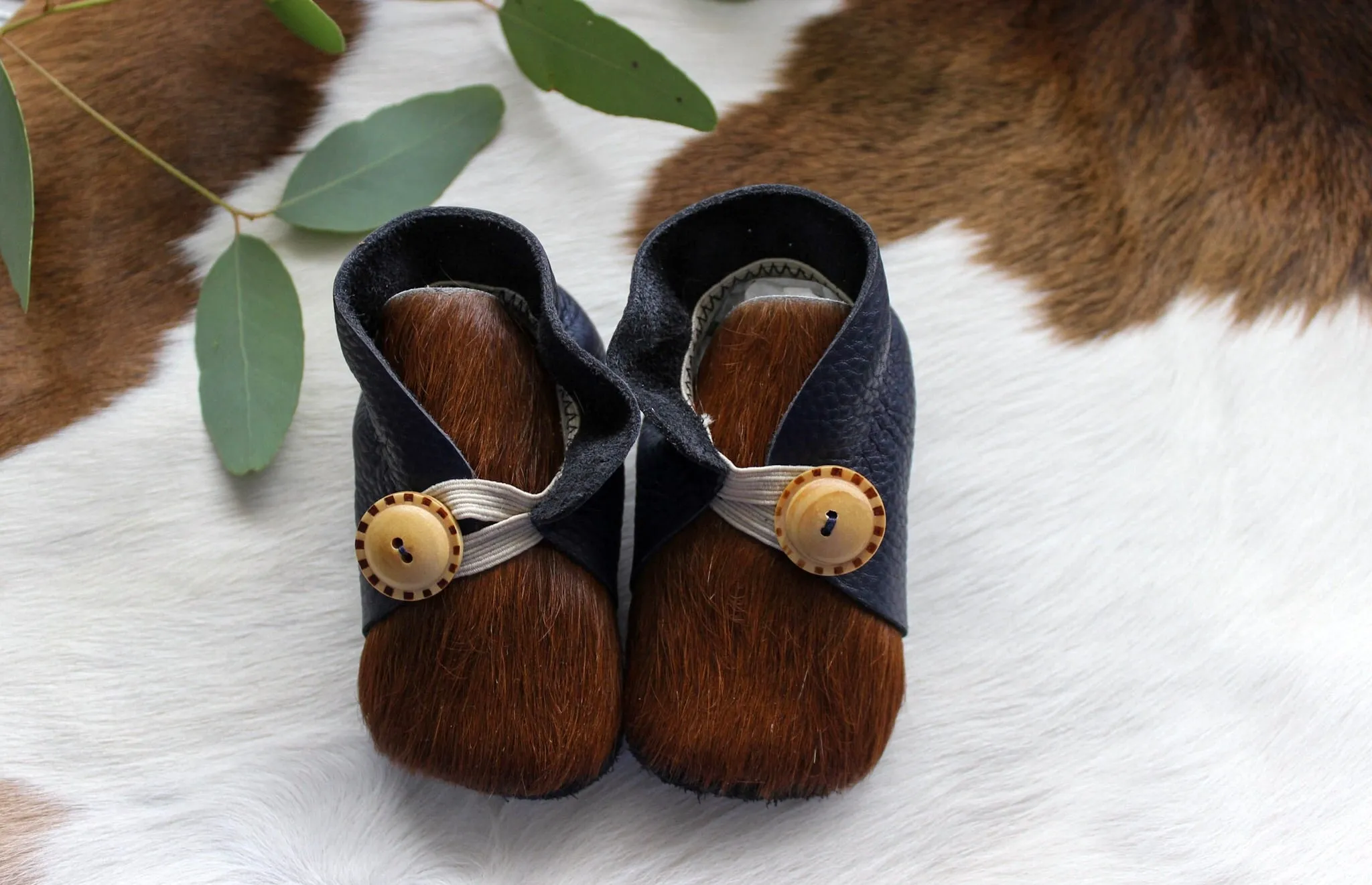 Button Bootie - Navy & Cowhide