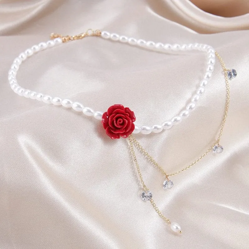 Chic Layered Rhinestone Tassel Rose Pearl Chain Choker Necklace