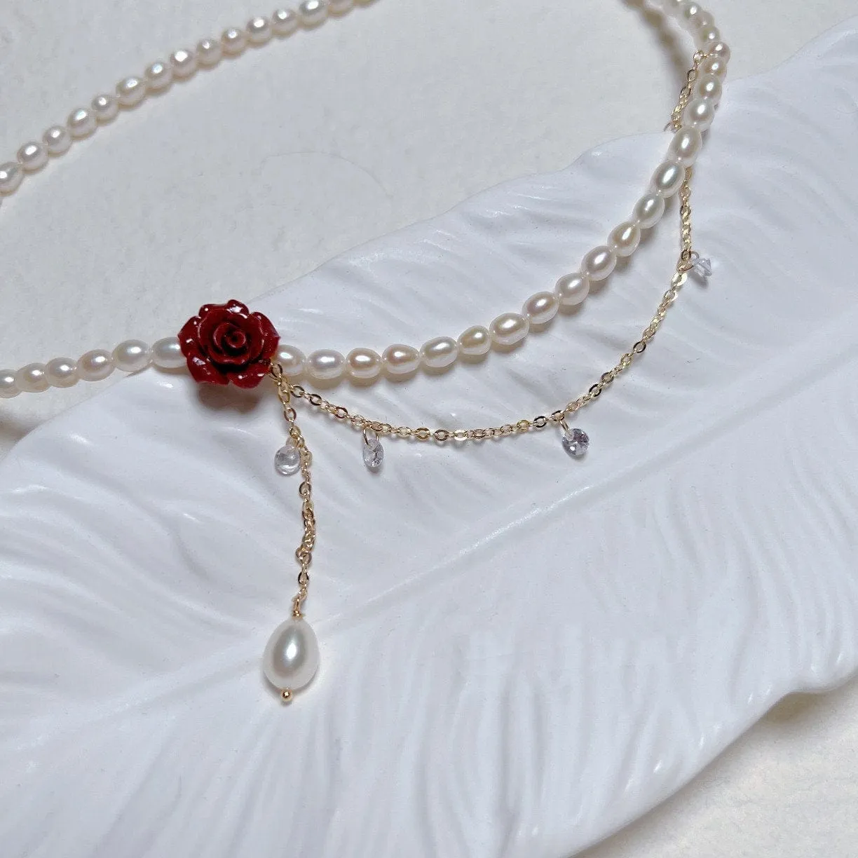 Chic Layered Rhinestone Tassel Rose Pearl Chain Choker Necklace
