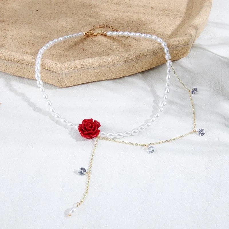 Chic Layered Rhinestone Tassel Rose Pearl Chain Choker Necklace
