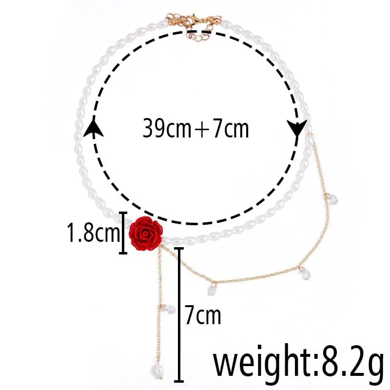 Chic Layered Rhinestone Tassel Rose Pearl Chain Choker Necklace