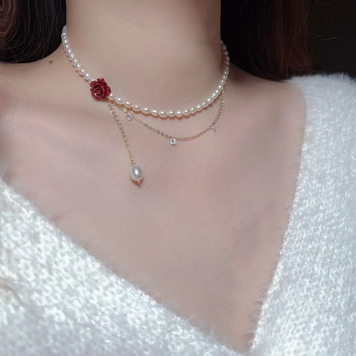Chic Layered Rhinestone Tassel Rose Pearl Chain Choker Necklace