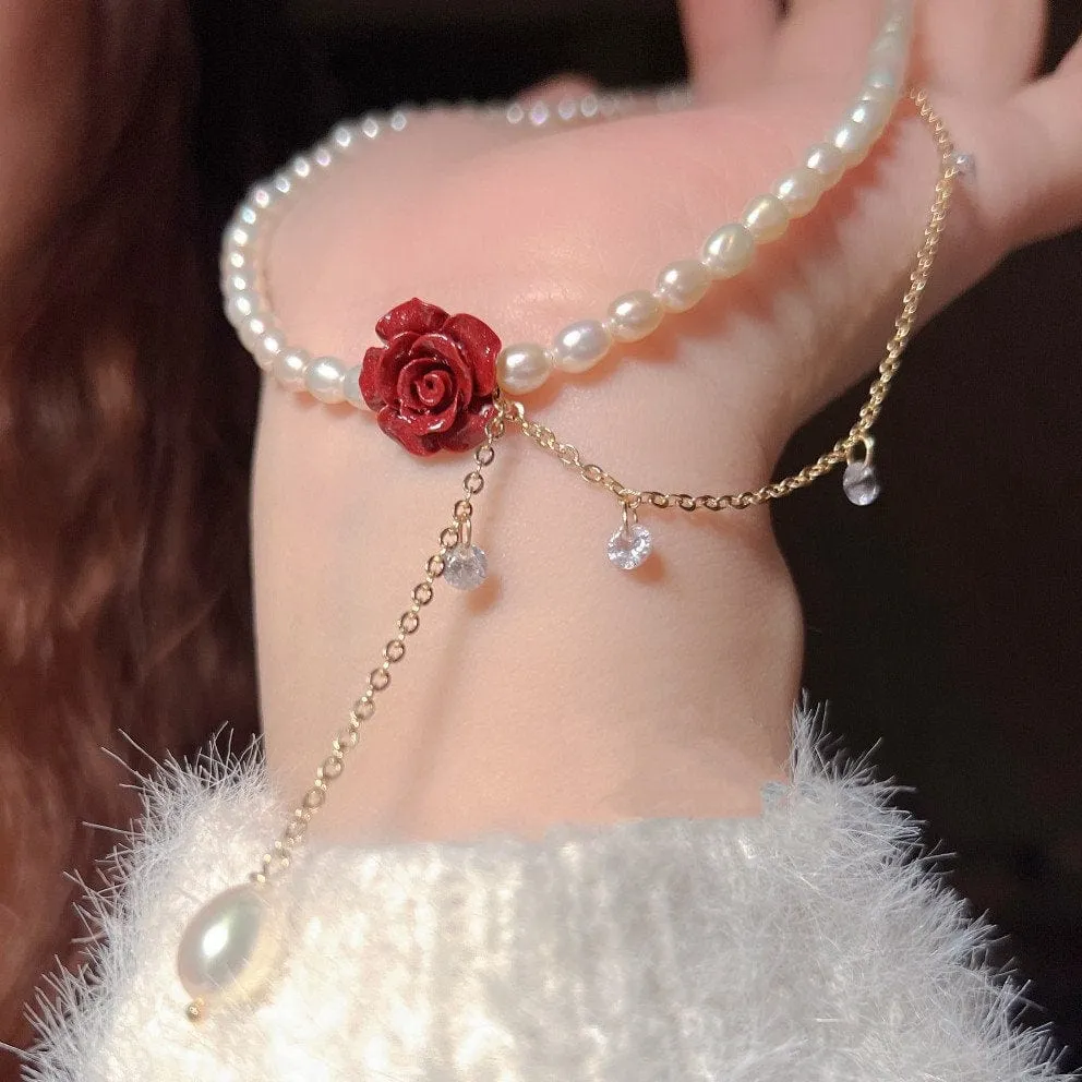 Chic Layered Rhinestone Tassel Rose Pearl Chain Choker Necklace