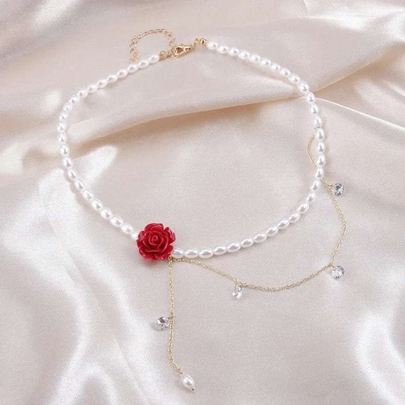 Chic Layered Rhinestone Tassel Rose Pearl Chain Choker Necklace