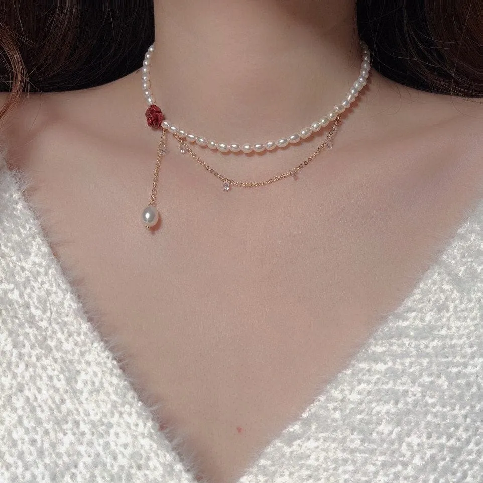 Chic Layered Rhinestone Tassel Rose Pearl Chain Choker Necklace