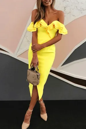 Chic Party Double Ruffle Design Yellow Dress