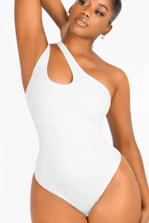 Chic White Asymmetrical One Shoulder Shaping Bodysuit