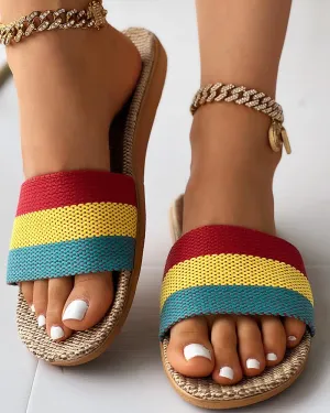 Colorblock Wide Strap Linen Slippers