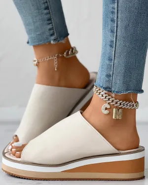 Contrast Paneled Peep Toe Wedge Slippers