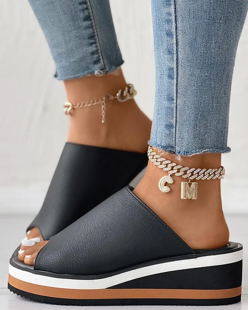 Contrast Paneled Peep Toe Wedge Slippers
