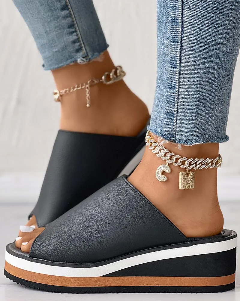 Contrast Paneled Peep Toe Wedge Slippers
