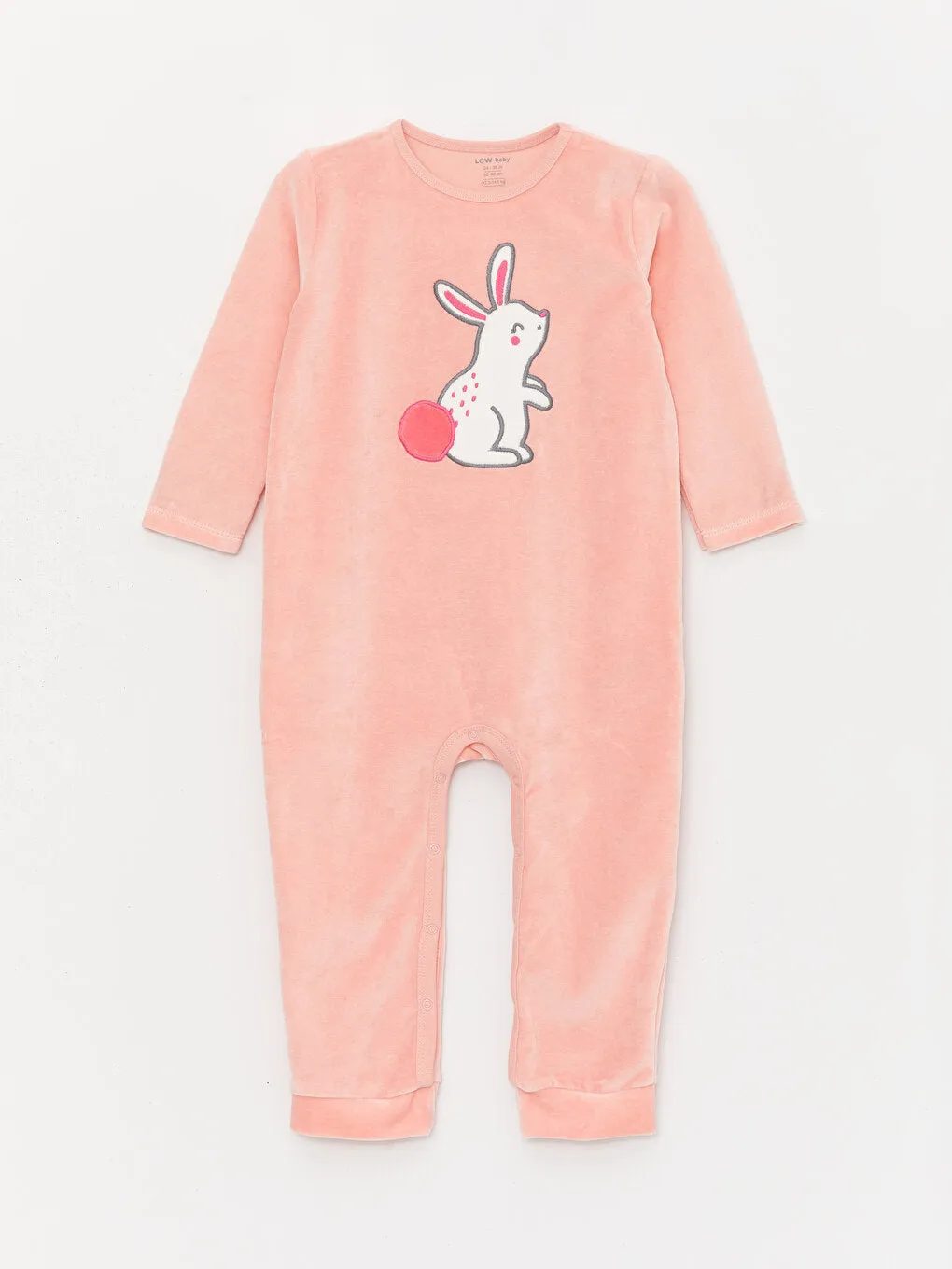 Crew Neck Embroidery Detailed Velvet Baby Girl Jumpsuit (0-12 Months With Booties, 12 Months  Without Booties)