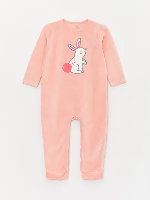 Crew Neck Embroidery Detailed Velvet Baby Girl Jumpsuit (0-12 Months With Booties, 12 Months  Without Booties)