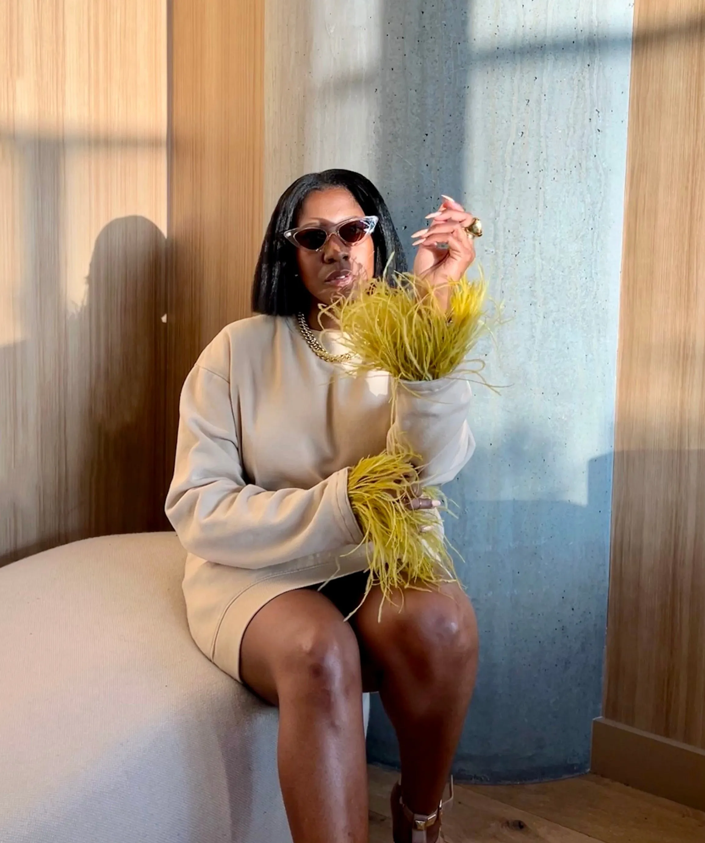 Custom "Effortless Chic" Crew with Feather Trim
