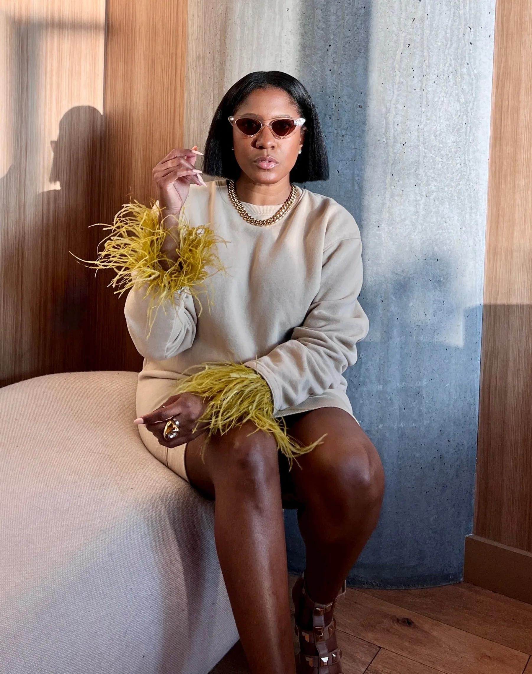 Custom "Effortless Chic" Crew with Feather Trim