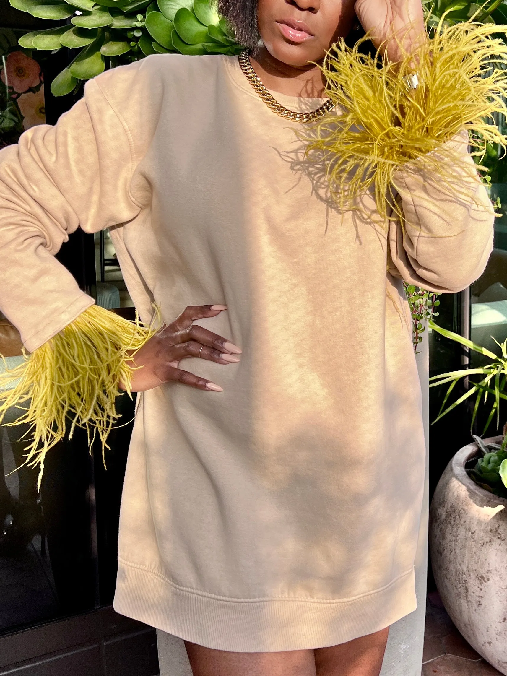 Custom "Effortless Chic" Crew with Feather Trim