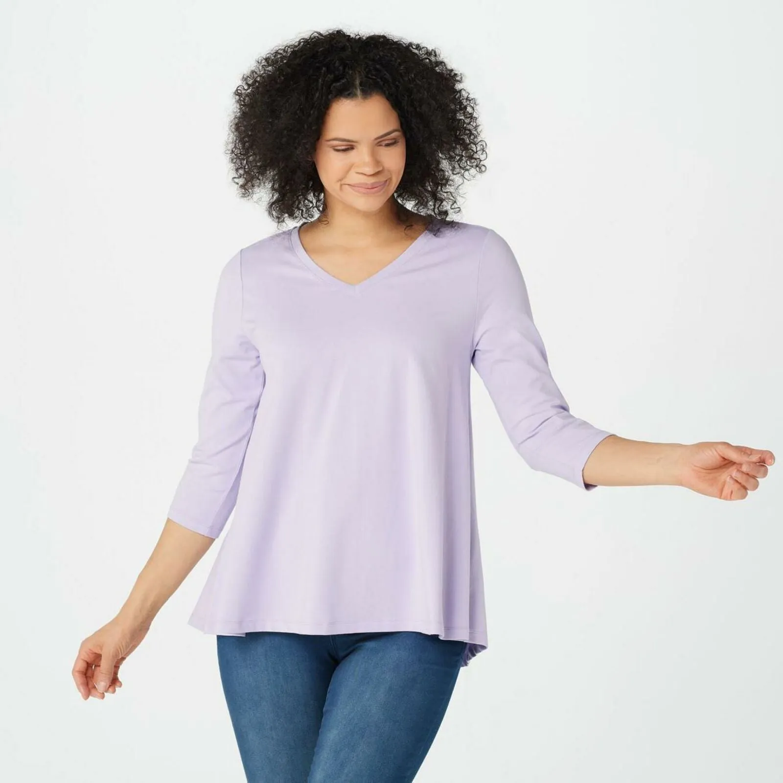 Denim & Co. Essentials Perfect Jersey V Neck 3/4 Sleeve Top Lilac Medium