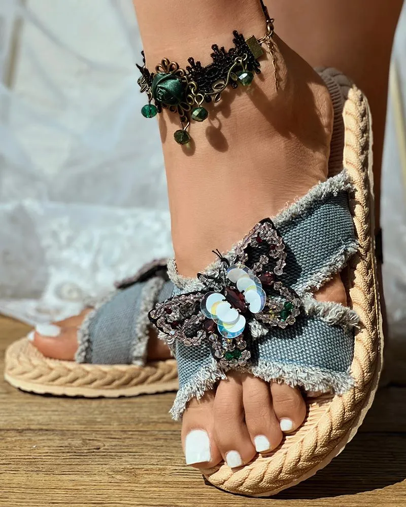Denim Sequin Butterfly Cross Strap Raw Hem Beach Slippers