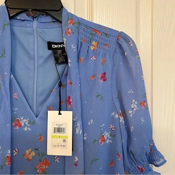 DKNY Floral Chiffon Bow Neck Trapeze Dress in Blue Mist Multi Size 4