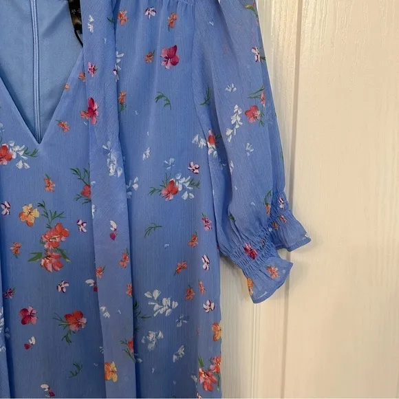 DKNY Floral Chiffon Bow Neck Trapeze Dress in Blue Mist Multi Size 4